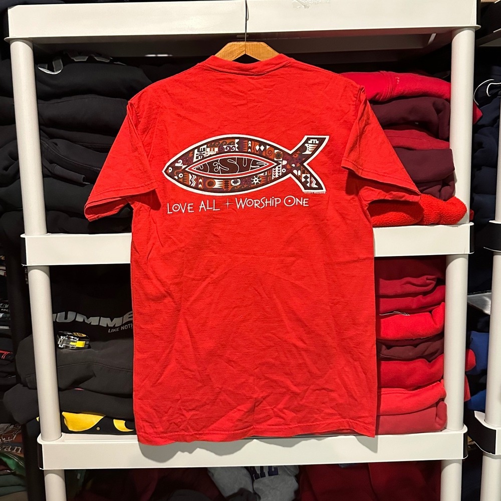 Vintage 90s Jesus Religious Fish Red Mens‎ Medium Shirt